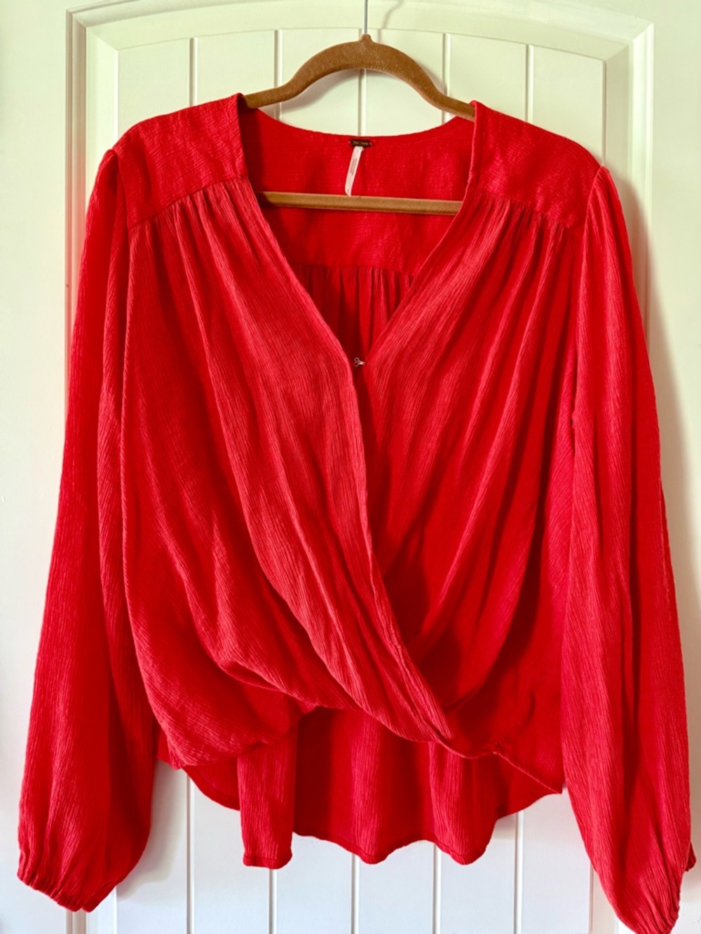 Free People Vibrant Red Check On It Wrap Top